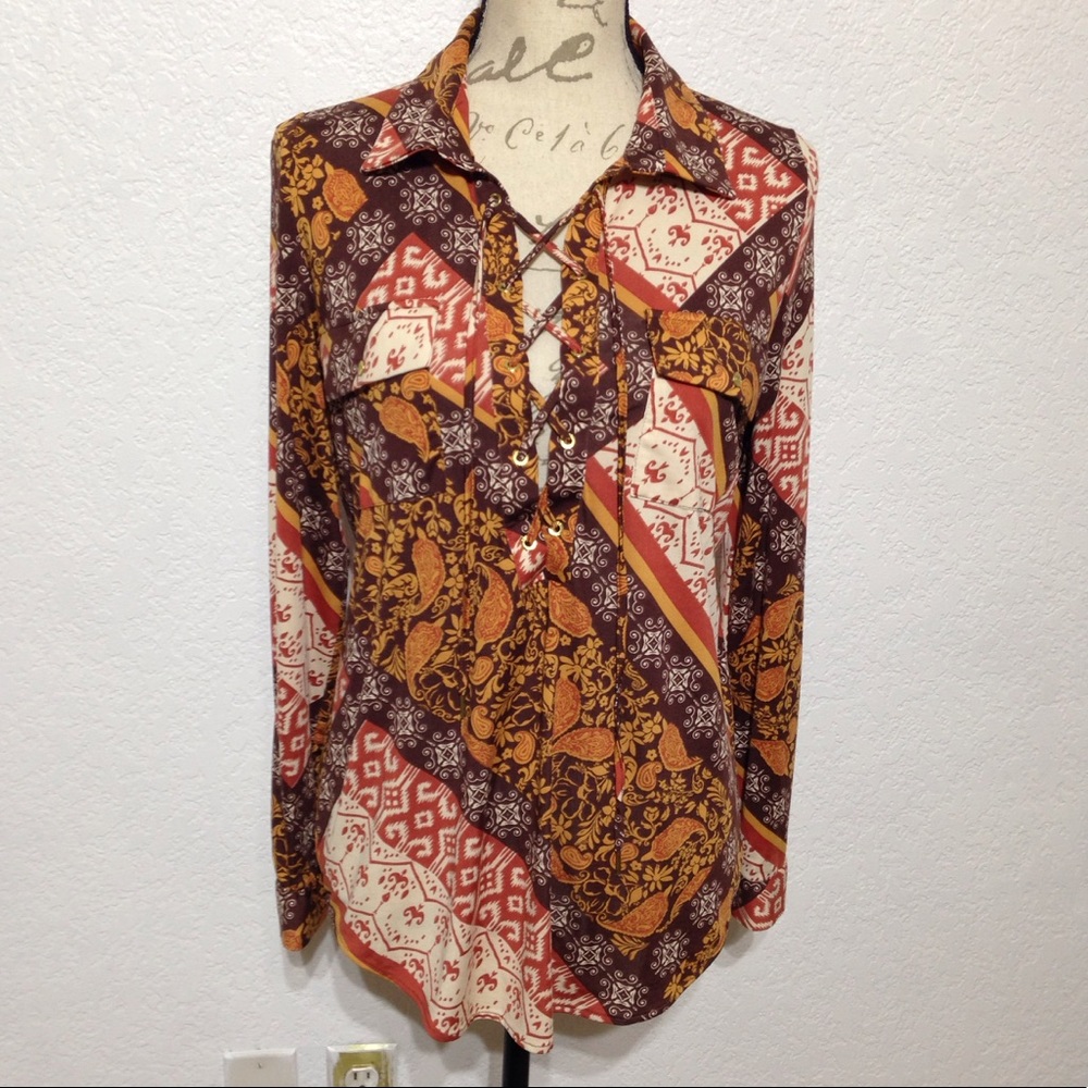 BCBGMAXAZRIA LACE UP BOHO STRETCH KNIT RETRO TOP S